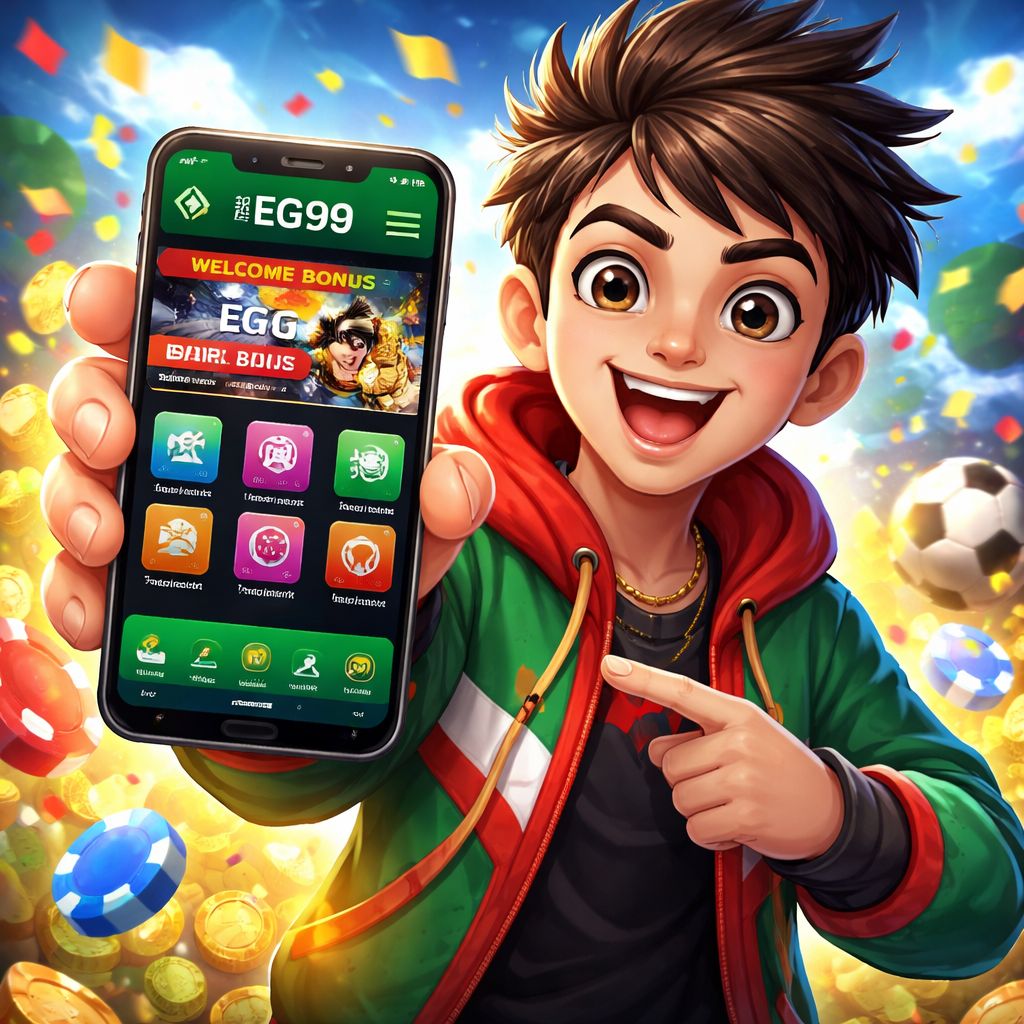 EG99 themed cartoon character using an Android phone with bright app interface elements