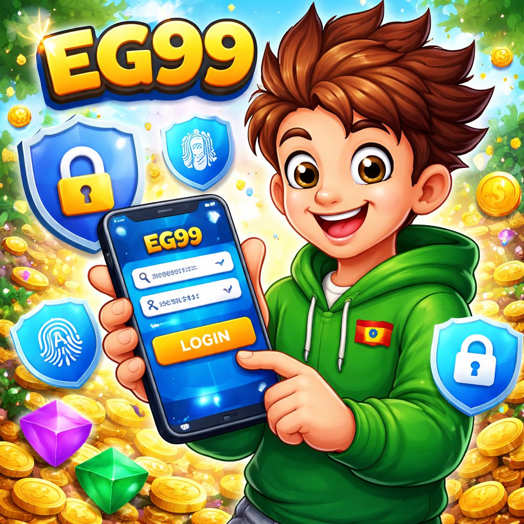 EG99 themed cartoon character using a mobile phone to log into an online gaming account
