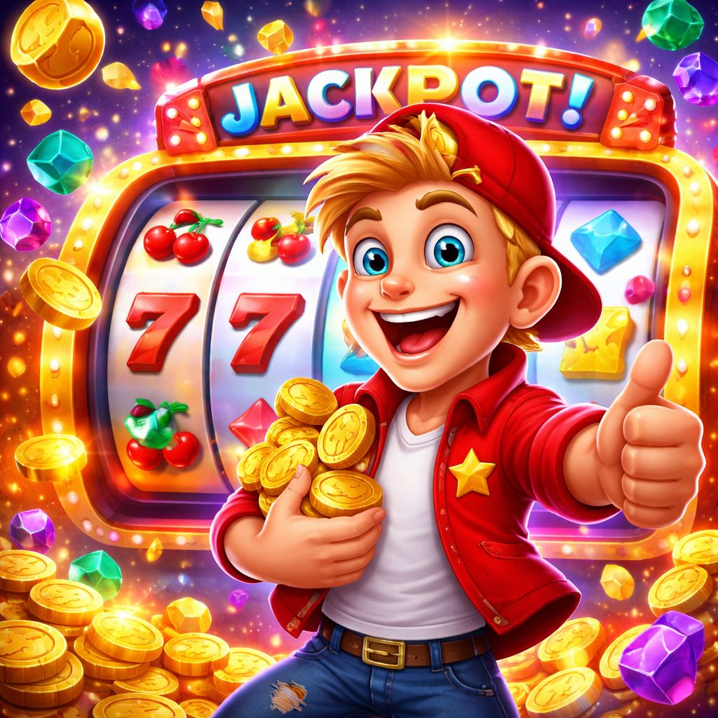 EG99 slot-themed cartoon character with coins and reels